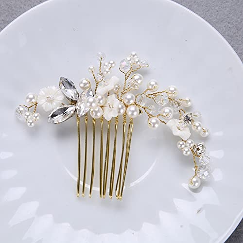 Peinetas de novia doradas con flores de concha y perlas elegantes 3