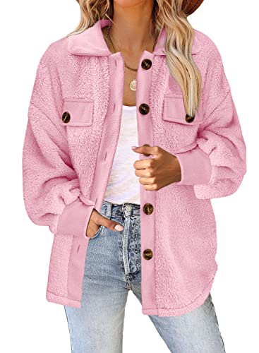 Nirovien Women's Fuzzy Fleece Shacket Jacket Christmas Gifts For Women Lapel Sherpa Coat Long Sleeve Button Down Shirts(Pink,M) #TOP29