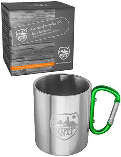 OUTDOOR SAXX® Stainless Steel Mug with Carabiner Handle and Laser Engraving (Green), 8,9 cm x 7,5 cm - Image 4