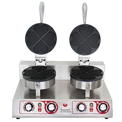 Beeketal 'BWA-2P' Profi Gastro Doppel Herz Waffeleisen mit antihaftbeschichteten Backplatten (2 x 4 geteilt Herzform), Waffelautomat für belgische Herz Waffeln, 50-300 °C stufenlos