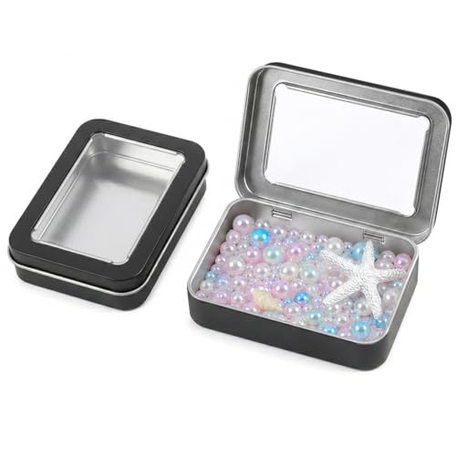 Image of HASTHIP 2 Pack Small Metal Tin Box with Clear Lid Hinged Storage Container for Crafts Traveling Small Items Organizer