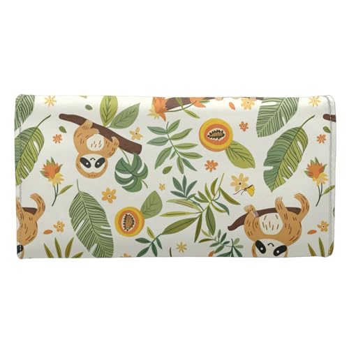 Image of AFPANQZ Womens Leather Wallets Sloth Monstera Large Capacity Card Holder Zipper Travel Purse, Phone Holder Coin Zip Pocket Multi Cards