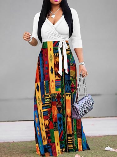 Image of PinkPatty Plus Size Maxi Dresses for Women Casual Flowy Long Dress 3 /4 Sleeve V Neck Wrap Dress with Belt