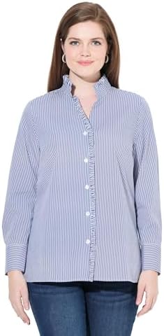 Ulla Popken Damen große Größen Übergrößen Plus Size Streifenbluse, Rüschen, Stehkragen, Langarm lila 62+ 829784847-62+