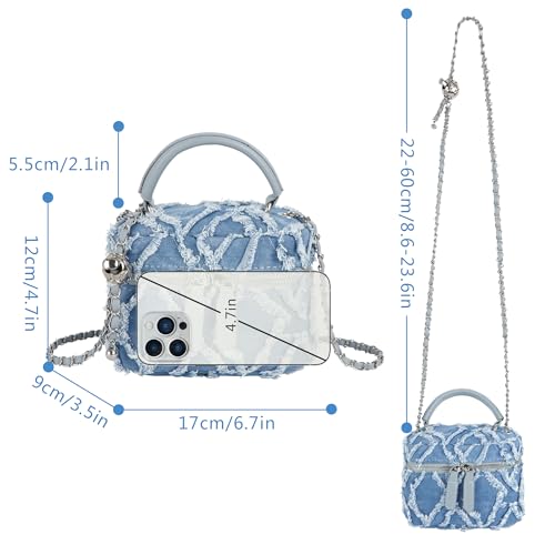 Image of Women Denim Mini Bucket Shoulder Crossbody Bag Drawstring Quilted Distressed Tassel Barrel Shape Satchel Purse