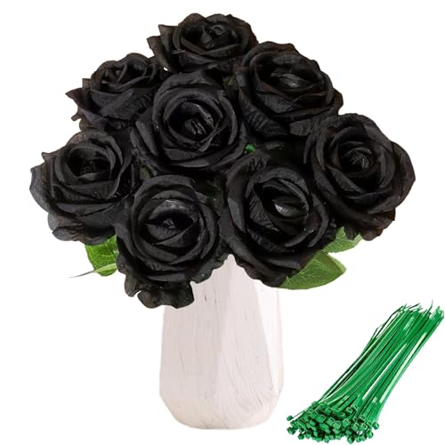 ZenyTra 5 Stück Schwarze Rosen Künstlich mit 10 Bindebändern - 50cm Langstielige Samt Kunstblumen in Dunkelschwarz, Realistische Fake Rosen für Gothic Party, Hochzeitsdeko, Home Decor ZenyTra 5 Stück Schwarze Rosen Künstlich mit 10 Bindebändern - 50cm Langstielige Samt Kunstblumen in Dunkelschwarz, Realistische Fake Rosen für Gothic Party, Hochzeitsdeko, Home Decor
