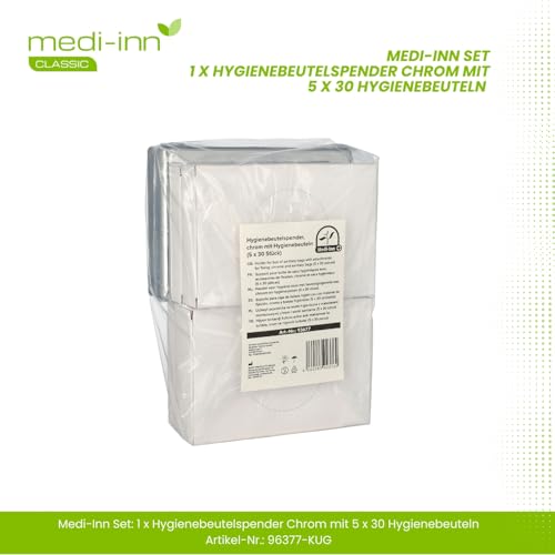 Medi-Inn Hygienebeutelspender | mit Hygienebeuteln | 1 x Spender chrom + 5 x 30 Hygienebeutel | für eine einfache Entsorgung von Damenbinden, Slipeinlagen und Tampons