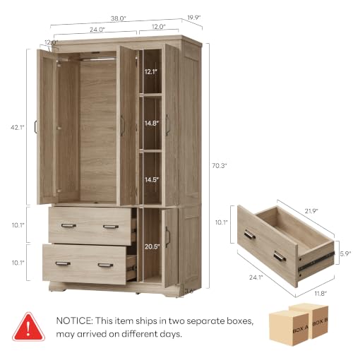 LIKIMIO 70" Freestanding Wardrobe Closet (Natural Oak) - Image 2