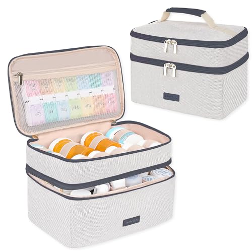 Lexeeco Medicine Bag for Traveling, Dual Layers Medicine Pill Organizer Medication Pill Bottle Storage with Lockable Zipper, Medical Supplies First Aid Kit,Home Storage for Pills, Vitamins (Dark Grey)