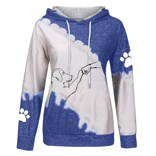 Generisch Kapuzenpullover für Damen, süßes Hundemotiv, Fauststoß-Grafik, langärmelig, Übergröße, Kapuzenpullover mit Taschen Kleider Mini (Blue, L)