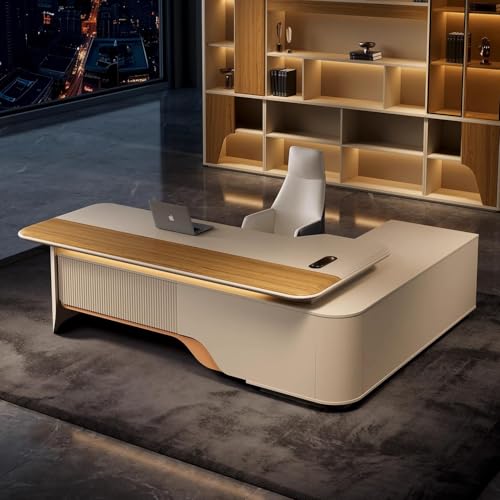 Image of Lakdi The Furniture Co Luxury Modern Director Table with Curved Design, Integrated Side Unit, Cable Management & Premium Wood Finish for Executive Office - LDL-759