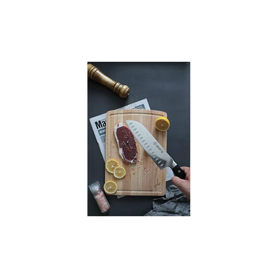 SNFSchneidteufel Avant Santoku Knife 7 inch Japanese Chef Knife Made with X50CrMoV15 Stainless Steel Kitchen Knife Set and Black Ergonomic Handle Design (Onyx Black)