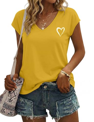 Gyabnw Haut d'Été Femme Col V Manches Courtes Fluides T-Shirt avec Imprimé Cœur Doux Top de Voyage Confortable pour Plage et Jardin