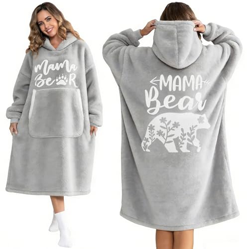 Extra Long Oversized Mama Bear Wearable Hoodie Blanket Ultra Soft Sherpa Fleece Oodies Warm & Cozy Large Front Pocket Birthday Gift for Mum Gift for Wife from Husband