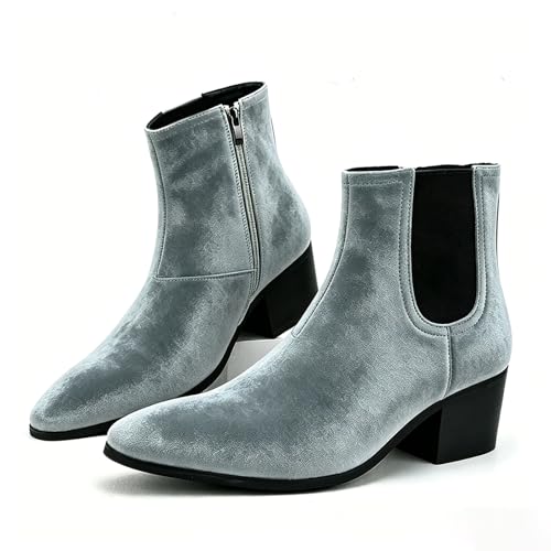 Image of Men'S Classic Leather Chunky Heel Chelsea Boots With Side Zipper Fashion Pointed Toe Elastic Band High Top Block High Heel Formal Chukka Booties For Casual Business Party Wedding