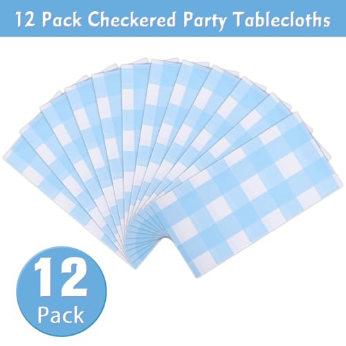 Image of Kesfey 12 Packs Light Blue Gingham Tablecloth Pale Blue and White Checkered Tablecloths 54 x 108 Inch Disposable Plastic Gingham Tablecovers Waterproof Rectangle Picnic Table Cover for Birthday Party