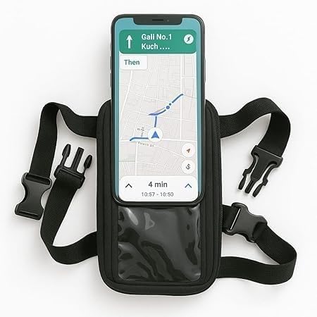 Image of Polyester Handlebar Universale Mobile Holder Mount Pouch Bag Waterproof for Activa Jupiter EV Ola-S1 Pleasure Ntroq All Scooter Scooty Bike Fit 7 inches Phone (Black)