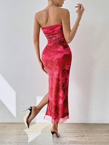Image of LIGHT DOT Women's Summer Dress Printed Strapless Tube Bodycon Maxi Side Slit Mesh Layered