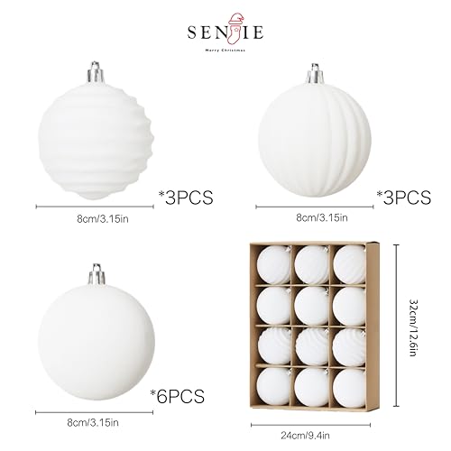 Image of Senjie 12 PCS Velvet Ornaments Balls Sets for Christmas Tree 3.15 inch Flocked Christmas Balls Assortment for Xmas Tree Holiday Decor Cream