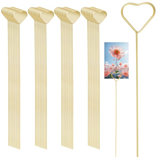 loghohu 40 Stück Blume Fotohalter,Goldene Herzform Fotohalter mit Klammern Blume Kartenhalter,Metall 30 Cm Blumenplatz Tischkartenhalter für Tischdeko Hochzeit,Blumenarrangemen,Kuchendekoration