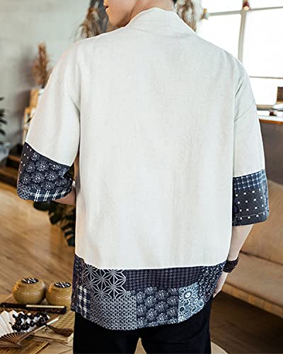 Image of Men's Japanese Kimono Cardigan Loose Cotton Linen 3 /4 Sleeve Open Front Casual Summer Shirt Jackets