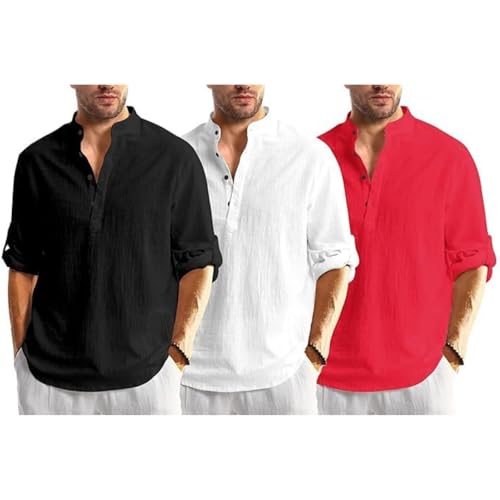 Image of Men's Cotton Blend Straight Kurta Shirt Combo with Mandarin Collar - Slim Fit Casual Short Kurti Set Featuring Textured Slub Fabric and Roll-Up Full Sleeves