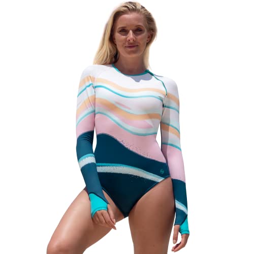 Platinum Sun Womens Rash Guard UPF 50+ Long Sleeve Swim Shirt One Piece Bathing Suit Swimsuit (Art Sandy, M)