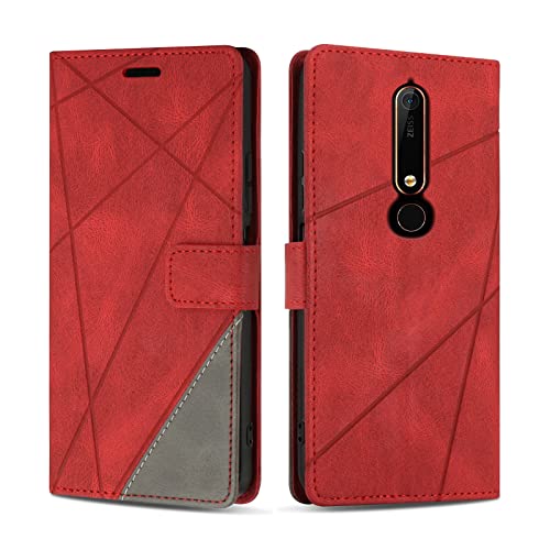 SONWO Hülle für Nokia 6.1, Premium PU Leder Handyhülle Flip Hülle Wallet Silikon Schutzhülle Klapphülle für Nokia 6.1, Rot