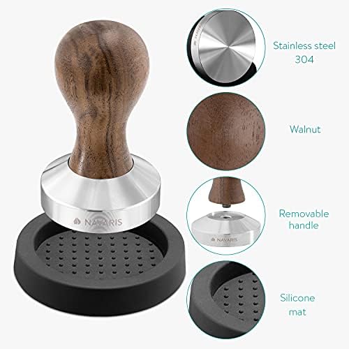 Navaris Coffee Tamper - Handheld Stainless Steel Espresso Press with Walnut Handle for Coffee Grounds - 58 mm Coffee Ground Compressor