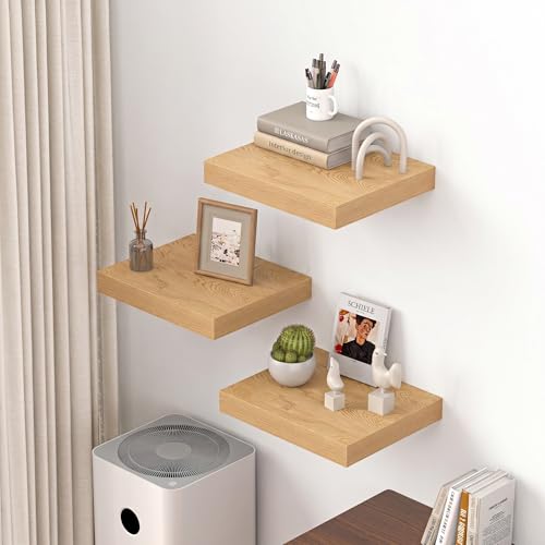 Image of Dreamland 16 inch Floating Shelves for Wall, 12 inch Deep Thicker Floating Shelves, Wall-Mounted Shelves for Bedroom, Living Room, Kitchen, Bathroom,Oak - Set of 3