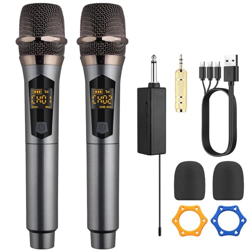 LiNKFOR UHF Rechargeable Wireless Microphones Dual Cordless Microphones and Receiver Long Hours Working with 3-IN-1 Charging Cable Karaoke Mic Set for Singing Church Wedding DJ Karaoke Party