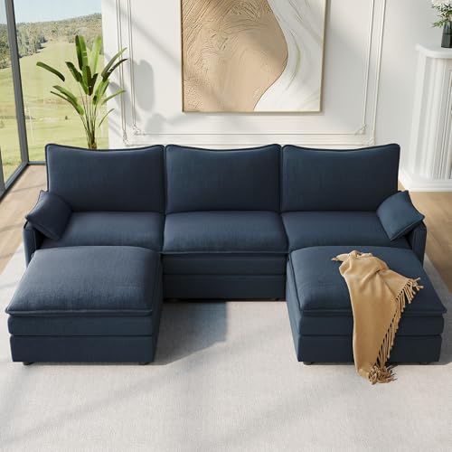 Vesgantti 108" U Shaped Sectional Couch, Deep Seat Cloud Modular Sectional Sofa with 2 Ottoman, Modern Chenille Cloud Sofa Height Adjustable for Living Room, Bedroom and Apartment, Blue