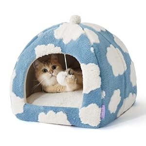 Lesure Cute Cat Beds for Indoor Cats – 2 in 1 Cat Cave Bed for Kittens and Small Pets, Cat House with Removable Washable Cushioned Pillow, Cozy Cat Tent House with Non-Slip Bottom, Blue, 16 inches