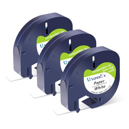 USUPERINK Paquete de 3 recambios de etiquetas Dymo 91330 10697 de papel blanco de 12 mm x 4 m para Dymo LetraTag Refill 200B LT-100H LT-100T LT-110T OX50, negro sobre blanco