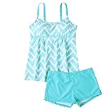 Oggfader Women Tankini with Shorts - Cute Stripe Print Ruffle Hem Swimsuit Beach Adjustable Straps Tummy Control Bathing Suit vikinis para Mujeres Playa Blue S