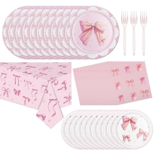 Pink Bow Party Plates and Napkins Supplies - 25 Disposable Plates 25 Dessert Plates 25 Napkins 25 Forks & 1 Tablecloth for Birthday Baby Shower Bridal Shower