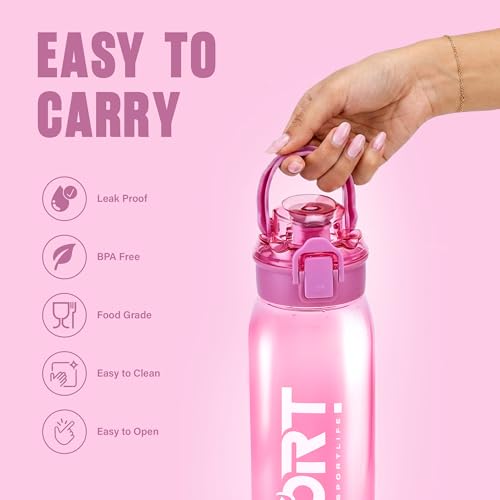 Image of Nayasa Turbine 1000 ml BPA Free Plastic Water Bottle | Leak Proof | Unbreakable | Wide Mouth with Scale | Sports Bottle | Pink