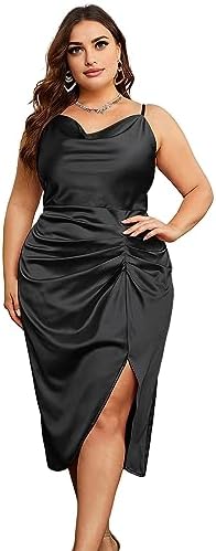 KIMCURVY Women's Plus Size Satin Dress Ruched Spaghetti Strap Cowl Neck Midi Party Cami Dress for Cocktail Party