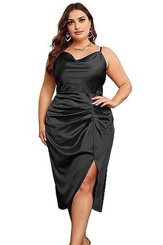 KIMCURVY Women's Plus Size Satin Dress Ruched Spaghetti Strap Cowl Neck Midi Party Cami Dress for Cocktail Party
