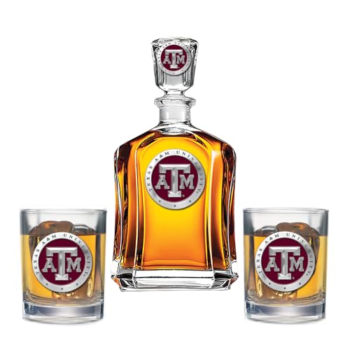 Texas A&M Decanter with 2 Glasses Combination Set | 24 OZ Pourer with 2 Double Old-Fashioned Glasses | Expertly Crafted Pewter Glassby Heritage Pewter