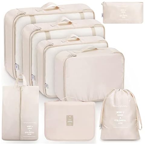 MURISE 8 Teilige Packing Cubes, Kleidertaschen, Koffer Organizer für Urlaub und Reisen, Packwürfel Set Reise Würfel, Ordnungssystem für Koffer - Beige Cover
