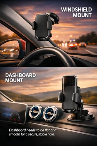 Image of MountPro k7 Car Phone Holder for Dashboard & Windshield,Strong Suction Cup Mount with 360 Rotation,Shockproof Build Mobile Stand for Car,Universal Adjustable Cradle for All Smartphones, Black