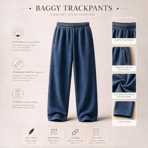 Image of MARK LOUIIS Men's Baggy Trackpants | Regular Fit Cotton Sweatpants with Drawstring Waist & Side Zipper Pockets | Oversized Casual Track Pants for Gym
