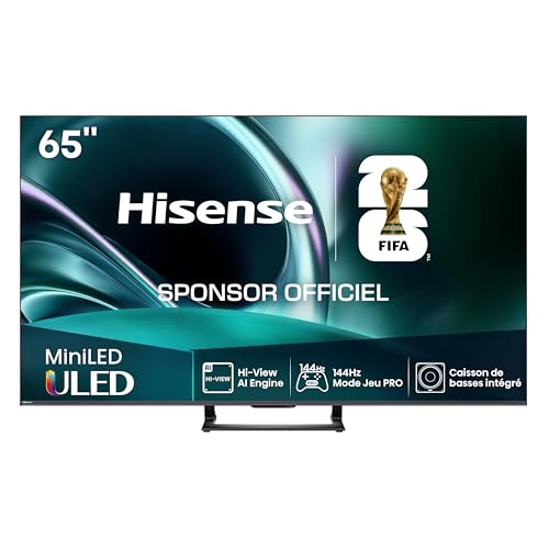 Hisense 65U7Q TV Mini-LED 4K 65 (164 cm) - Série U7 - QLED, 144Hz (HSR 240Hz), 900 Nits, Local Dimming (220 Zones), Dolby Vision IQ, Son 2.1 avec Caisson de Basses intégré, Mode Jeu Pro