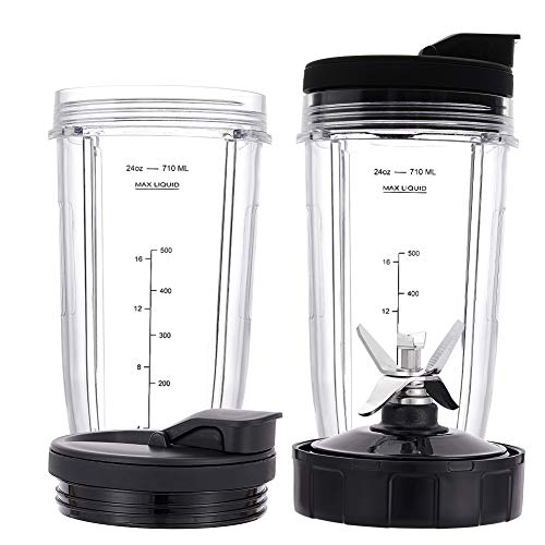 Revorit Blender Replacement Parts for Ninja, 2 24oz Cups with To-Go Lids, 7 Fins Extractor Blade, for Nutri Ninja Auto iQ BN801 SS101 BL480-30 BL641 BL642-30 (5 Pack)