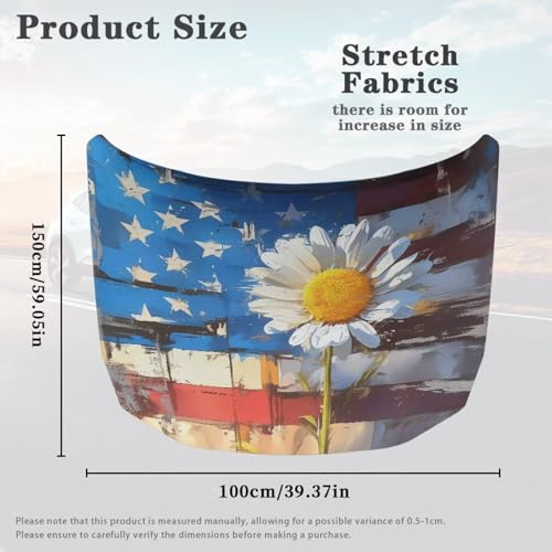 Image of Daisy American Flag Car Hood Cover, Removable Watercolor American Flag Flower Automotive Exterior Accessories Washable Elastic Car Bonnet All-Season Protection
