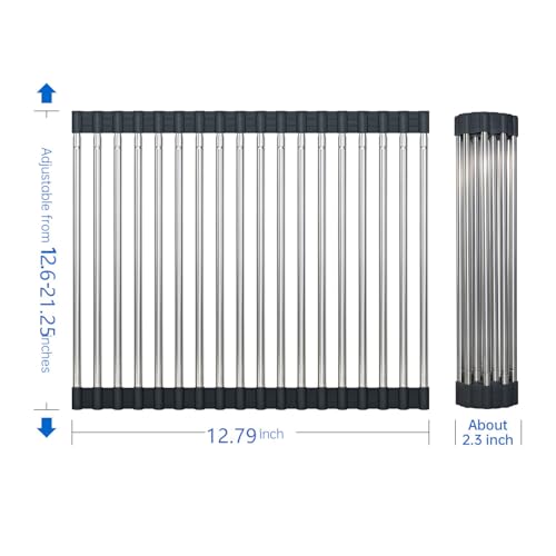 Expandable Large Roll Up Dish Drying Rack, Foldable Over The Sink Dish Drying Rack, Rolling Dish Drainer Stainless Steel Roll Rack for Kitchen Sink Counter (Black, 21.25x12.79)