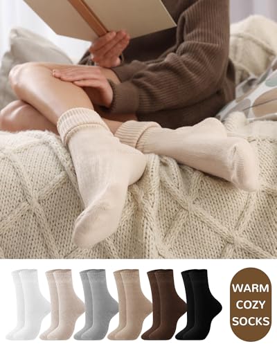 Image of Shihanee 12 Pairs Neutral Socks for Women Fuzzy Thermal Brown Crew Boot Socks Casual Aesthetic Slouch Warmer for Athletic Fall Boot Essentials