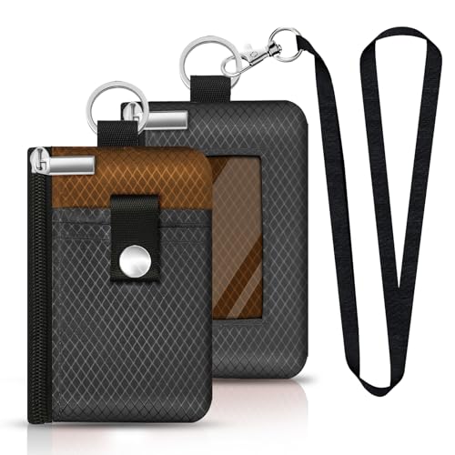 Image of Minimalist RFID Blocking Small Wallet with ID Window,WaterResistant Zip Id Case Wallet with Lanyard Keychain for Cards,Cash,Travel,Women,Men(Drak Grey /Brown)