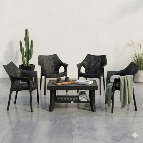 Image of Oaknest Supreme Cambridge with Vegas Plastic Outdoor Chair and Table Set | 4 Rattan Chairs + 1 Table | Weatherproof, Lightweight | Garden & Patio Use Black